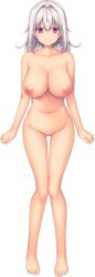 Rule 34 | 1girl, absurdres, any (trueblue), barefoot, breasts, completely nude, facing viewer, full body, gluteal fold, hair intakes, highres, huge breasts, looking at viewer, makimura hazuki, makimura hazuki no koigatari, medium hair, navel, nipples, non-web source, nude, official art, photoshop (medium), purple eyes, smile, solo, tachi-e, transparent background, white hair