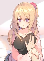 Rule 34 | &gt;:o, 1girl, :o, blonde hair, blush, grabbing another&#039;s breast, breasts, collarbone, commentary request, daijoubu? oppai momu?, eyebrows, grabbing, guided breast grab, guiding hand, hair ribbon, hand grab, large breasts, long hair, looking at viewer, mayachi (amuriya), on bed, one side up, open mouth, original, pink shirt, pov, purple eyes, ribbon, shirt, sitting, solo focus, tsurime, v-shaped eyebrows