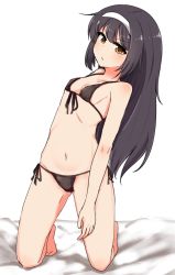 Rule 34 | 10s, 1girl, arm behind back, barefoot, bikini, black hair, breasts, brown eyes, chawan (yultutari), front-tie bikini top, front-tie top, full body, girls und panzer, hairband, highres, kneeling, leaning back, leaning to the side, long hair, looking at viewer, navel, parted lips, reizei mako, side-tie bikini bottom, small breasts, solo, swimsuit, white background, white hairband