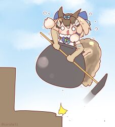 Rule 34 | 1girl, animal ears, blue sky, brown hair, chipmunk ears, chipmunk girl, chipmunk tail, coroha, elbow gloves, extra ears, getting over it, gloves, kemono friends, kemono friends v project, microphone, parody, ribbon, shirt, short hair, siberian chipmunk (kemono friends), simple background, sky, solo, sweat, tail, vest, virtual youtuber