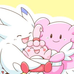 Rule 34 | black eyes, blissey, blush stickers, closed mouth, commentary request, creatures (company), game freak, gen 2 pokemon, gen 4 pokemon, happiny, happy, highres, holding, holding pokemon, kinakomochi (kazuna922), nintendo, no humans, pokemon, pokemon (creature), smile, togekiss, yellow background