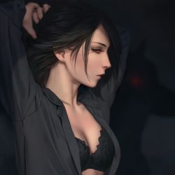 Rule 34 | 1girl, arms up, black bra, black hair, black sclera, black shirt, blouse, bra, breasts, colored sclera, cracked skin, dark background, hair over one eye, highres, irimi kaya, lips, medium breasts, miura-n315, open clothes, open shirt, profile, realistic, red eyes, shirt, short hair, silhouette, solo, tokyo ghoul, underwear, upper body
