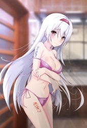 Rule 34 | 1girl, absurdres, bikini, blurry, body writing, breasts, cleavage, commentary request, depth of field, frown, good morning, hairband, highres, honma (honmatomohiro), kantai collection, leaning forward, legs together, long hair, looking at viewer, navel, pink bikini, red eyes, red hairband, shoukaku (kancolle), side-tie bikini bottom, solo, swimsuit, translation request, very long hair, white hair