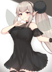 Rule 34 | 1girl, absurdres, bare shoulders, black dress, black thighhighs, blush, breasts, cleavage, cleavage cutout, closed mouth, clothing cutout, commentary request, cowboy shot, dot nose, dress, elu (2nd costume) (nijisanji), elu (nijisanji), fairy wings, finger to mouth, grey hair, hair ornament, hand up, heart cutout, highres, large breasts, long hair, looking at viewer, nijisanji, racchi., red eyes, short sleeves, smile, solo, standing, thighhighs, very long hair, virtual youtuber, wings