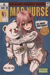 Rule 34 | 1girl, absurdres, comic cover, dress, english text, gold can, highres, leg up, long hair, looking at viewer, hugging object, open mouth, original, pink eyes, pink hair, short dress, solo, speech bubble, spikes, stuffed animal, stuffed toy, sweat, teddy bear, thighhighs, white dress, white thighhighs
