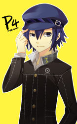 Rule 34 | 1girl, androgynous, atlus, bad id, bad pixiv id, blue eyes, blue hair, cabbie hat, female focus, hat, houndstooth, matching hair/eyes, moonku, persona, persona 4, reverse trap, school uniform, shirogane naoto, short hair, smile, solo