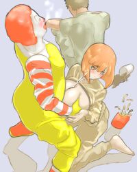 Rule 34 | 1girl, 2boys, blunt bangs, blunt ends, blush, bob cut, breasts, cheating (relationship), chee maron, clown, cum, cup, disposable cup, ejaculation, food, french fries, grabbing, grabbing another&#039;s breast, hetero, highres, husband and wife, large breasts, mcdonald&#039;s, mcdonald&#039;s dad, mother (yoru mac), multiple boys, netorare, orange hair, paizuri, red hair, ronald mcdonald, short hair, simple background, spill, tearing up, yoru mac