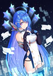 Rule 34 | 1girl, absurdres, ahoge, argyle, argyle clothes, argyle cutout, azur lane, bare shoulders, black background, black gloves, blue hair, breasts, buttons, clothing cutout, collarbone, commentary, cowboy shot, dress, elbow gloves, fingers together, garter straps, gloves, gradient hair, groin, hair between eyes, halter dress, halterneck, helena (azur lane), highres, huge filesize, index fingers together, long hair, looking at viewer, medium breasts, mouhantain, multicolored hair, one side up, purple eyes, retrofit (azur lane), revision, sidelocks, skindentation, sleeveless, sleeveless dress, smile, solo, standing, star (symbol), starry background, thighhighs, very long hair, white dress