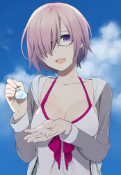 Rule 34 | 1girl, blue sky, blush, bow, bow swimsuit, breasts, cleavage, cloud, cloudy sky, collarbone, commentary, day, dress swimsuit, fate/grand order, fate (series), feeding, food, hair over one eye, hands up, holding, holding spoon, hood, hoodie, incoming food, light purple hair, looking at viewer, mash kyrielight, mash kyrielight (swimsuit of perpetual summer), mattaku mousuke, medium breasts, official alternate costume, one-piece swimsuit, open clothes, open hoodie, open mouth, outdoors, purple eyes, red bow, shaved ice, short hair, sky, smile, solo, spoon, swimsuit, upper body, white one-piece swimsuit