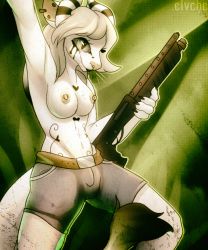 Rule 34 | 1girl, arm up, armpits, artist name, belt, breasts, closed mouth, cowboy shot, ear piercing, earrings, elvche, female focus, forest, furry, furry female, green eyes, grey shorts, gun, heart, heart tattoo, holding, holding gun, holding weapon, horns, jewelry, nature, navel, nipple bar, nipple piercing, nipples, outdoors, piercing, shorts, shotgun, single horn, smile, solo, standing, stomach, tattoo, topfreedom, topless, tree, weapon