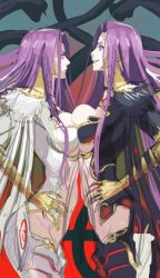 Rule 34 | 2girls, black vs white, breast contest, breast press, breasts, dual persona, fate/grand order, fate (series), gorgon (fate), gorgon (third ascension) (fate), hands on own hips, large breasts, long hair, medusa (fate), medusa (rider) (fate), moruga, multiple girls, profile, purple hair, rider, symmetrical docking