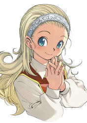 Rule 34 | 1girl, absurdres, anlucea, blonde hair, blue eyes, closed mouth, collared shirt, commentary request, cropped torso, dragon quest, dragon quest x, forehead, hair pulled back, hairband, highres, light blush, long hair, long sleeves, looking at viewer, mole, mole under mouth, muramasa mikado, own hands together, pink lips, pink nails, raised eyebrows, shirt, smile, solo, upper body, white background, white hairband, white shirt