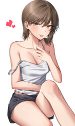 Rule 34 | 1girl, :p, absurdres, black shorts, blush, breasts, brown hair, camisole, cleavage, closed mouth, collarbone, commentary, feet out of frame, hair between eyes, hand on own chest, heart, highres, knee up, kuro imu, looking at viewer, medium breasts, midriff peek, no bra, orange eyes, original, paid reward available, short hair, short shorts, shorts, simple background, single bare shoulder, sitting, smirk, solo, strap slip, thighs, tongue, tongue out, white background, white camisole