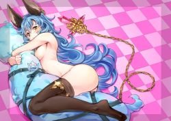 Rule 34 | 10s, 1girl, animal ears, aqua hair, arched back, ass, black thighhighs, blue hair, blush, body pillow, breasts, brown eyes, chain, checkered floor, earrings, erune, ferry (granblue fantasy), ghost, granblue fantasy, groin, hair between eyes, jewelry, long hair, looking at viewer, lying, nipples, nude, hugging object, on side, pillow, pillow hug, ribs, solo, super zombie, thighhighs, very long hair, yellow eyes