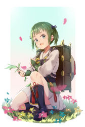 Rule 34 | 1girl, :d, absurdres, black footwear, black socks, blue eyes, blue flower, blush, bridal gauntlets, brown footwear, commentary request, fire emblem, fire emblem fates, flower, green hair, highres, japanese clothes, kimono, kneehighs, loafers, long sleeves, looking at viewer, midori (fire emblem), migimura sakimori, nintendo, obi, on one knee, open mouth, petals, pleated skirt, red flower, sash, shoes, skirt, smile, socks, solo, teeth, twintails, upper teeth only, white kimono, white skirt, yellow flower