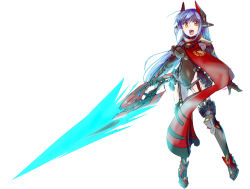 Rule 34 | 1girl, android, armored boots, armored leotard, blue hair, boots, brown gloves, brown leotard, elbow gloves, full body, gloves, hair ornament, holding, holding sword, holding weapon, leotard, long hair, looking at viewer, orange eyes, poppi (xenoblade), poppi qtpi (xenoblade), red scarf, robot, rubi nemesis, scarf, simple background, solo, sword, weapon, white background, xenoblade chronicles (series), xenoblade chronicles 2