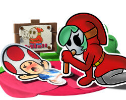 Rule 34 | 1boy, 1girl, blush, drinking straw, green hair, highres, mario (series), mask, nintendo, outline, paper mario, paper mario: color splash, placard, sexually suggestive, shy gal, shy guy, sign, simple background, super mario bros. 1, toad (mario), white background