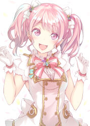 1girl :3 :d bang_dream! bow bowtie dress earrings flower gloves hair_flower hair_ornament jewelry looking_at_viewer luna_lia maruyama_aya multicolored_flower open_mouth petals pink_eyes pink_hair smile solo striped_bow striped_bowtie striped_clothes twintails white_bow white_dress white_gloves