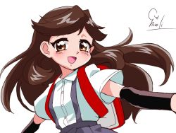 Rule 34 | 1990s (style), 1girl, arashio (kancolle), arm warmers, backpack, bag, brown eyes, brown hair, choroli (chorolin), kantai collection, long hair, looking at viewer, open mouth, outstretched arms, parody, randoseru, retro artstyle, shirt, short sleeves, signature, simple background, solo, style parody, white background, white shirt
