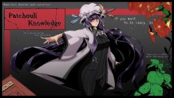 Rule 34 | 1girl, alternate costume, character name, english text, flower, hair ribbon, hat, highres, long hair, looking at viewer, mob cap, patchouli knowledge, potato pot, purple eyes, purple hair, ribbon, solo, touhou, very long hair
