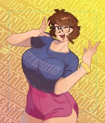 Rule 34 | 1girl, :d, blue shirt, blush, breasts, collarbone, commentary, cowboy shot, english commentary, glasses, gym shorts, highres, huge breasts, looking to the side, making-of available, one eye closed, open mouth, original, red shorts, scrunchie, shirt, shirt tucked in, shorts, smile, snowcie, snowciel, solo, wrist scrunchie