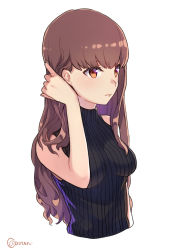 Rule 34 | 1girl, adjusting hair, aoten (aoiroarekore), bare shoulders, black sweater, breasts, breasts apart, brown eyes, brown hair, closed mouth, cropped torso, eyebrows, eyelashes, fate/extra, fate (series), highres, kishinami hakuno (female), long hair, medium breasts, ribbed sweater, simple background, sleeveless, sleeveless sweater, solo, straight hair, sweater, turtleneck, turtleneck sweater, twitter username, very long hair, white background