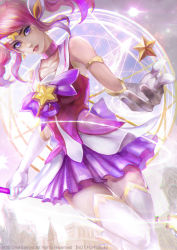 Rule 34 | 1girl, alternate costume, alternate hair color, choker, elbow gloves, gloves, league of legends, lips, lipstick, looking at viewer, lux (league of legends), magic circle, magical girl, makeup, nose, oreki genya, outstretched hand, pink hair, purple eyes, sidelocks, skirt, solo, star (symbol), star guardian (league of legends), star guardian lux, thighhighs, tiara, twintails, white gloves, white thighhighs