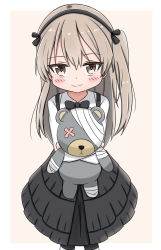Rule 34 | 10s, 1girl, beige background, black bow, black hairband, black pantyhose, black skirt, blush, boko (girls und panzer), bow, brown eyes, brown hair, closed mouth, collared shirt, commentary request, girls und panzer, hair between eyes, hair bow, hairband, highres, jiu (sdesd3205), long hair, long sleeves, hugging object, one side up, pantyhose, pleated skirt, shimada arisu, shirt, skirt, smile, solo, stuffed animal, stuffed toy, suspender skirt, suspenders, teddy bear, two-tone background, very long hair, white background, white shirt
