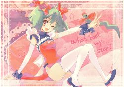 Rule 34 | 1girl, ahoge, food, fruit, green hair, highres, ito noizi, knees together feet apart, macross, macross frontier, one eye closed, outside border, peach, pelvic curtain, ranka lee, sitting, solo, song name, thighhighs, v, white thighhighs, wink