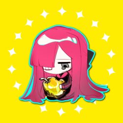 Rule 34 | 1girl, apple, black bow, bow, chibi, food, fruit, gauze over eye, golden apple, golden apple (project moon), grey eyes, hair bow, highres, limbus company, long hair, long sleeves, maggot, pink hair, project moon, simple background, sitting, solo, tears, very long hair, yellow background, yuri (project moon), ziv (ziw1004)