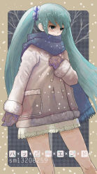 Rule 34 | blue eyes, blue hair, coat, flower, hair ornament, hatsune miku, kanipanda, long hair, looking down, mittens, outside border, pocket, scarf, skirt, smile, snow, solo, song name, standing, twintails, very long hair, vocaloid, winter