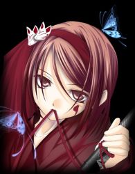 Rule 34 | 1girl, blood, blood on face, bug, butterfly, bug, red eyes, red hair, ribbon, samurai, solo, sword, weapon