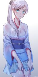 Rule 34 | 1girl, blue eyes, commentary request, highres, japanese clothes, kimono, kimono skirt, kio rojine, ponytail, rwby, scar, scar across eye, scar on face, see-through, solo, weiss schnee, wet, wet clothes, white hair