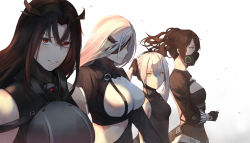 Rule 34 | 4girls, absurdres, alchemist (girls&#039; frontline), black dress, black hair, black jacket, blush, breasts, cropped jacket, dress, expressionless, eyepatch, floating hair, gas mask, girls&#039; frontline, gloves, grin, hair ornament, high collar, highres, holding, ina (inadiary), jacket, large breasts, long hair, looking at viewer, mask, medium breasts, multiple girls, pale skin, parted bangs, red eyes, sangvis ferri, scarecrow (girls&#039; frontline), sidelocks, sleeveless, sleeveless dress, small breasts, smile, twintails, two side up, white hair