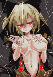 Rule 34 | black bow, blonde hair, bow, breasts, covering privates, covering breasts, hair bow, kurodani yamame, large breasts, navel, red eyes, silk, slit pupils, solo, spider web, tongue, tongue out, touhou, ugatsu matsuki