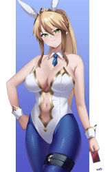 Rule 34 | 1girl, absurdres, artoria pendragon (all), artoria pendragon (fate), artoria pendragon (swimsuit ruler) (fate), bare shoulders, blonde hair, blue necktie, blue pantyhose, braid, breasts, cleavage, clothing cutout, collarbone, detached collar, fate/grand order, fate (series), french braid, green eyes, head tilt, highres, kurozawa yui, large breasts, leotard, looking at viewer, nail polish, navel cutout, necktie, pantyhose, ponytail, sidelocks, solo, thigh strap, white leotard