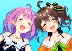 Rule 34 | 2girls, ahoge, blue hair, bra strap, brown hair, cat hair ornament, closed eyes, crescent, crescent earrings, crescent necklace, earrings, gradient hair, hair ornament, hair ribbon, highres, himemori luna, himemori luna (sundress), hololive, jewelry, medium hair, multicolored hair, multiple girls, natsuiro matsuri, natsuiro matsuri (1st costume), necklace, off-shoulder shirt, off shoulder, open mouth, pink hair, ribbon, round teeth, shirt, side ponytail, smile, teeth, virtual youtuber, zabudog777