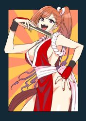 Rule 34 | 1girl, breasts, brown eyes, brown hair, cleavage, fatal fury, hand fan, hand on own hip, large breasts, leaning forward, legs, long hair, nail polish, ojou-sama pose, open mouth, ponytail, shiranui mai, sideboob, smile, snk, the king of fighters, thighs