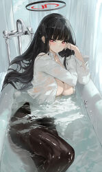 Rule 34 | 1girl, bathing, bathtub, black hair, blue archive, blunt bangs, blush, breasts, brown pantyhose, cleavage, dema hmw, halo, highres, large breasts, long hair, long sleeves, looking at viewer, open clothes, open shirt, pantyhose, red eyes, rio (blue archive), shirt, solo, thighs, water, wet, wet clothes, white shirt