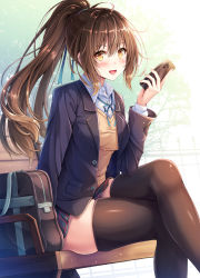 Rule 34 | 1girl, akashio (loli ace), bag, black skirt, black thighhighs, blazer, blue jacket, breasts, brown hair, brown sweater, buttons, cellphone, collared shirt, crossed legs, highres, holding, jacket, long hair, looking at viewer, medium breasts, miniskirt, open clothes, open jacket, open mouth, original, phone, ponytail, school bag, school uniform, shirt, sidelocks, sitting, skindentation, skirt, smartphone, smile, solo, sweater, thighhighs, thighs, undershirt, v-neck, white shirt, wing collar, yellow eyes
