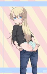 Rule 34 | 10s, 1girl, ahoge, ass, blonde hair, blue eyes, blush, denim, ekz (robotekz), from behind, inconvenient ass, jeans, long hair, looking at viewer, new game!, panties, pants, shiny skin, solo, standing, striped clothes, striped panties, third-party edit, underwear, yagami kou