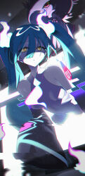 Rule 34 | 1girl, absurdres, airseal, bare shoulders, blue hair, creatures (company), game freak, gen 4 pokemon, ghost miku (project voltage), glitch, hair between eyes, hatsune miku, highres, long hair, mismagius, necktie, nintendo, pokemon, project voltage, shirt, sleeveless, sleeveless shirt, through medium, through screen, twintails, very long hair, vocaloid, yellow eyes