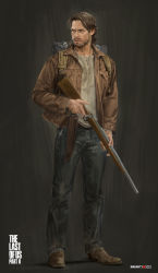 Rule 34 | absurdres, ashley swidowski, backpack, bag, beard, boots, brown background, brown hair, brown jacket, concept art, denim, facial hair, gun, highres, jacket, jeans, knife, official art, pants, rifle, shirt, short hair, the last of us (series), the last of us 2, tommy miller, weapon, white shirt