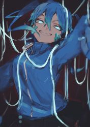 Rule 34 | 1girl, black skirt, blue eyes, blue hair, blue jacket, blurry, blush, cable, collared jacket, ene (kagerou project), facial mark, glowing, glowing eyes, grin, hair between eyes, highres, jacket, kagerou project, looking at viewer, oversized clothes, skirt, skyn blue, sleeves past fingers, sleeves past wrists, smile, solo, teeth, twintails, upper body, zipper