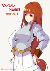 Rule 34 | 1girl, aoi (kirabosi105), armor, breasts, brown eyes, brown hair, character request, closed mouth, copyright name, konami, long hair, medium breasts, simple background, solo, vandal hearts