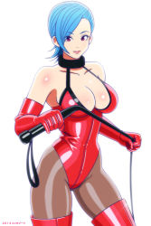 Rule 34 | 1girl, 2014, aqua hair, bdsm, blue hair, breasts, elbow gloves, enkaboots, eyebrows, eyelashes, gloves, large breasts, leather, leotard, pantyhose, red eyes, short hair, whip