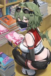 1girl absurdres ass black_shorts black_thighhighs blush book bookstore breasts caesar_king_(zenless_zone_zero) cleavage crop_top embarrassed eyewear_on_head full_body green_hair hair_intakes highres holding holding_book hood_(james_x) large_breasts looking_at_viewer mask mouth_mask prosthesis prosthetic_arm shoes shop short_shorts shorts solo squatting sunglasses sweatdrop thighhighs v-shaped_eyebrows whale_tail_(clothing) yellow_eyes zenless_zone_zero