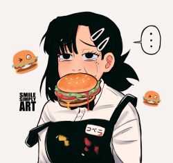 Rule 34 | 1girl, apron, artist name, black apron, black bow, black bowtie, black hair, bow, bowtie, burger, chainsaw man, collared shirt, family burger mascot (chainsaw man), food, food in mouth, food on clothes, hair ornament, hairclip, higashiyama kobeni, looking at viewer, mole, mole on cheek, mole under eye, multiple moles, one eye closed, shirt, short hair, short ponytail, simple background, single sidelock, sleeve pushed up, smilesimplyart, solo, strap slip, tearing up, white background, white shirt