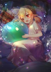 Rule 34 | 1girl, 1other, barefoot, bed, blonde hair, blush, dress, echi kanichi, feet, genshin impact, highres, klee (genshin impact), long hair, lying, nightgown, on side, open mouth, pillow, pointy ears, red eyes, short sleeves, slime (creature), smile, toes, twintails, white dress, white nightgown