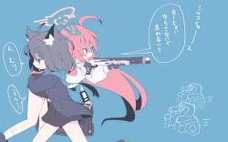 Rule 34 | ahoge, aiming, animal ear fluff, animal ears, bag, beretta 1301, black gloves, black jacket, black skirt, blazer, blue archive, blue background, blue eyes, blue scarf, carrying, carrying over shoulder, carrying person, check translation, commentary, cross, cross hair ornament, feet out of frame, fingerless gloves, floating hair, floating scarf, from side, gloves, grey hair, gun, hair ornament, halo, hamu-chan, highres, holding, holding gun, holding weapon, hoshino (blue archive), inverted cross, jacket, jitome, long hair, long sleeves, medium hair, no sclera, open mouth, pink hair, pleated skirt, profile, puffy long sleeves, puffy sleeves, running, scarf, school uniform, shiroko (blue archive), shirt, shotgun, shoulder bag, skirt, translation request, very long hair, weapon, weapon case, white shirt, wolf ears, yellow eyes